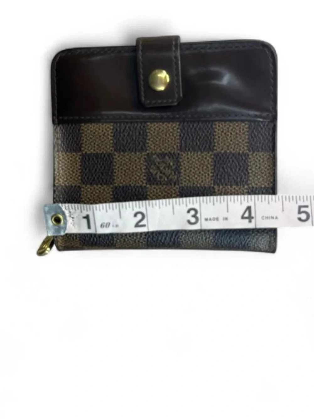 Louis Vuitton Damier Ebene Compact Wallet Brown Leather Snap Zipper Box Dust Bag